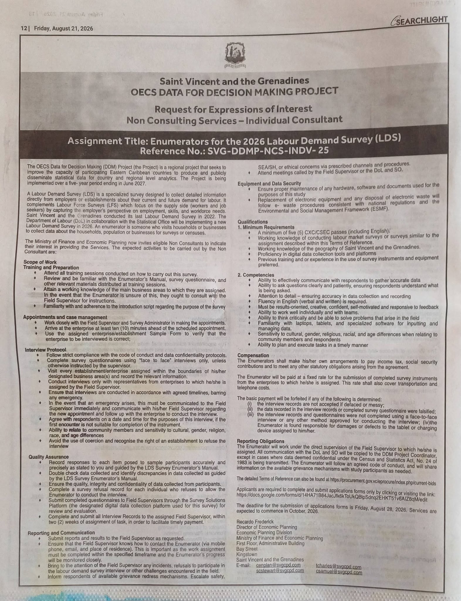 Notice for Enumerators for the 2026 Labour Demand Survey (LDS)