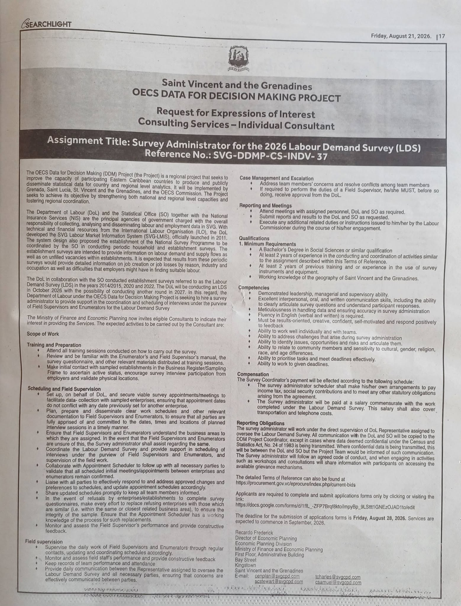 Notice for Survey Administrator for the 2026 Labour Demand Survey (LDS)