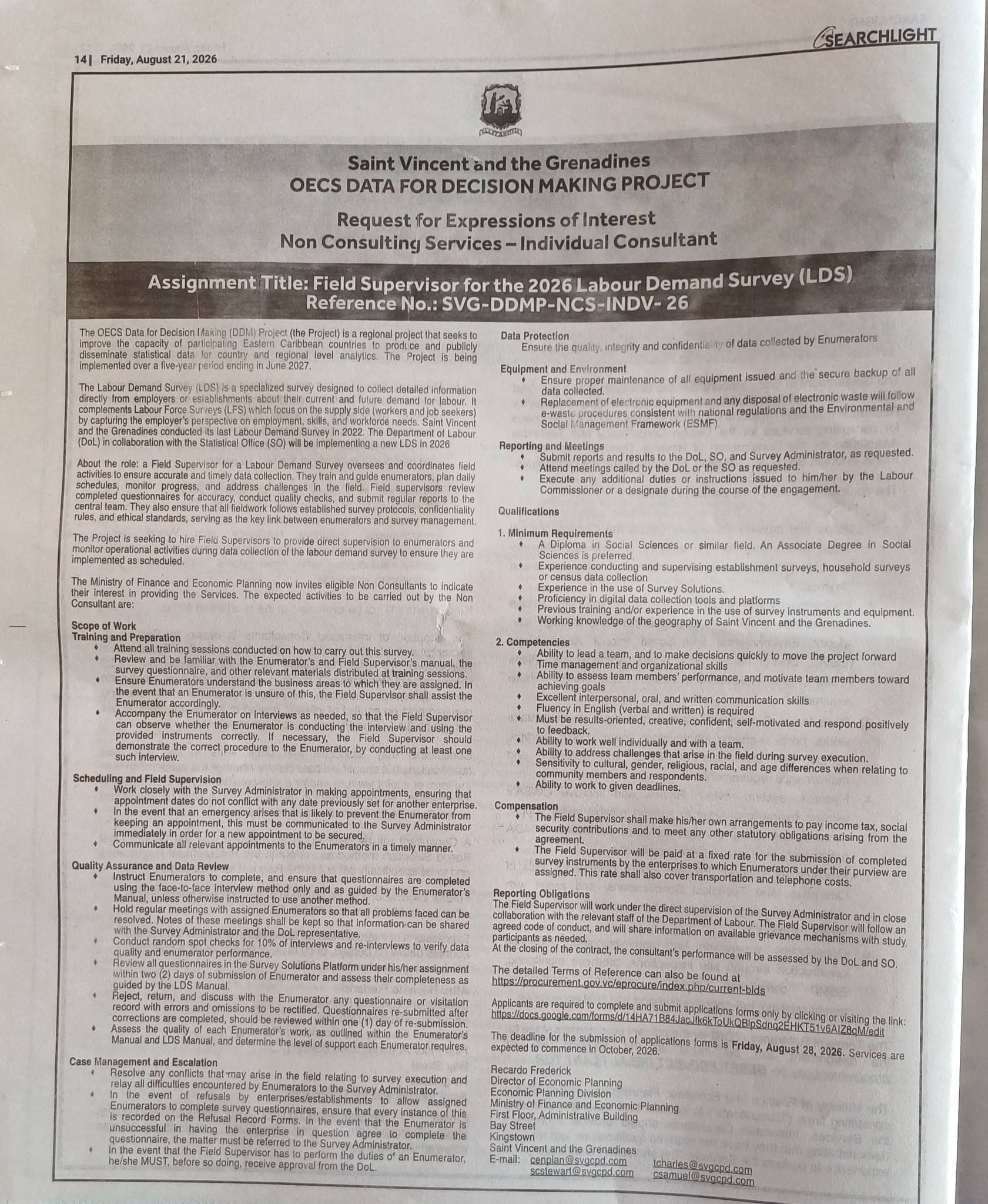 Notice for Field Supervisor for the 2026 Labour Demand Survey (LDS)